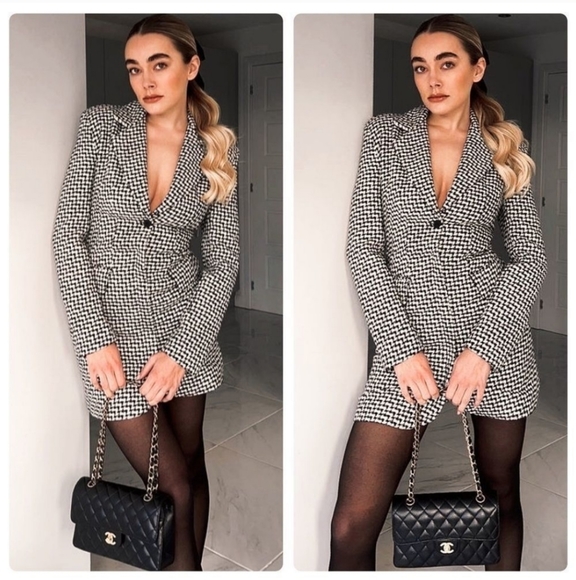 NWT Zara * Houndstooth Textured Tweed Blazer Dress Cut Out Size XS S - Picture 6 of 15